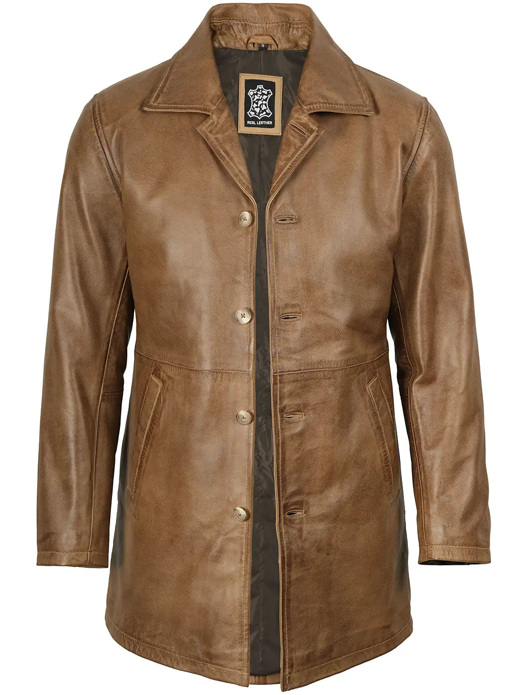 North Man 、AMOMENTO Synthetic Leather Winchester — Men's Camel Brown 3/4 Length Leather Car Coat – Decrum