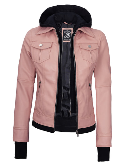 Women's pink leather bomber jacket with removable hood