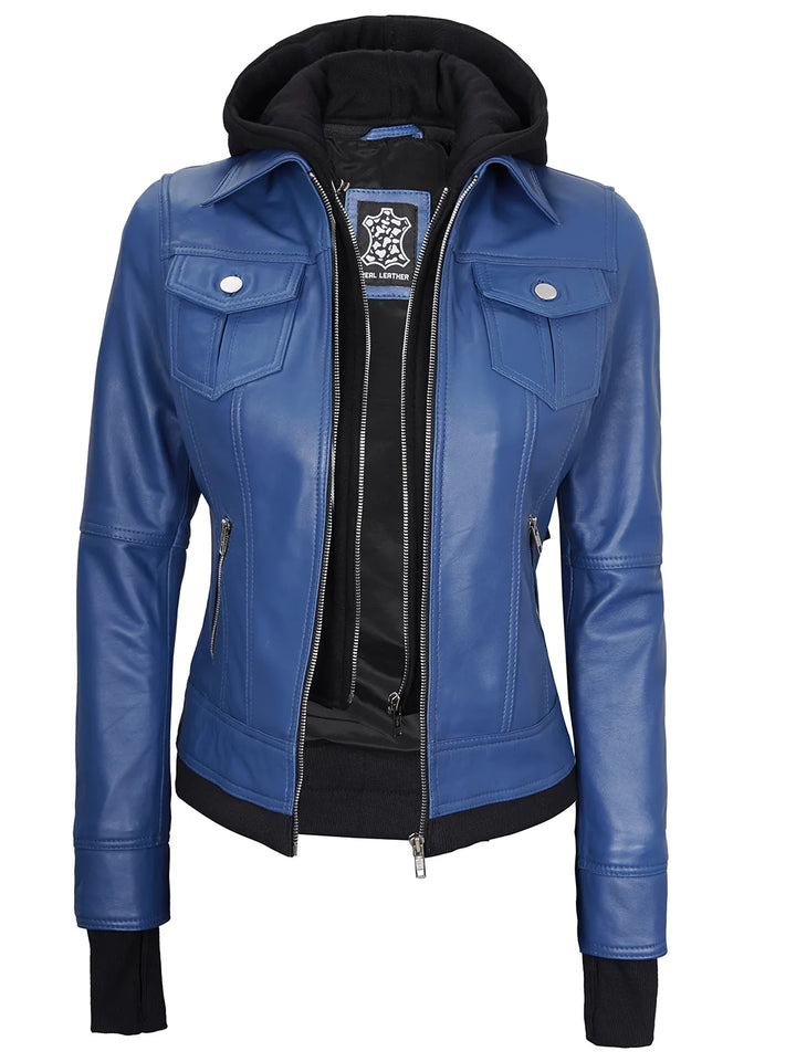 Betty Blue Leather Bomber Jacket With Removable Hood Decrum