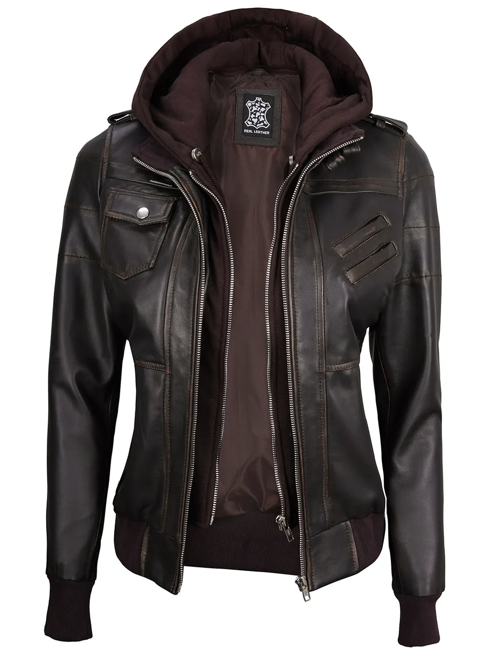 Leather bomber jacket with hood best sale