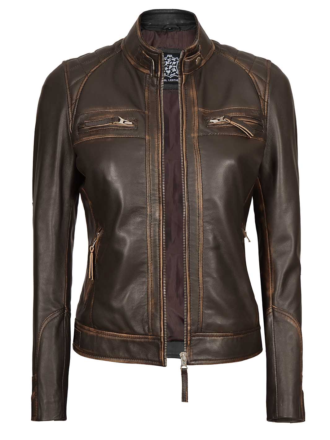 Diamond Women Rub Off Brown Leather Jacket