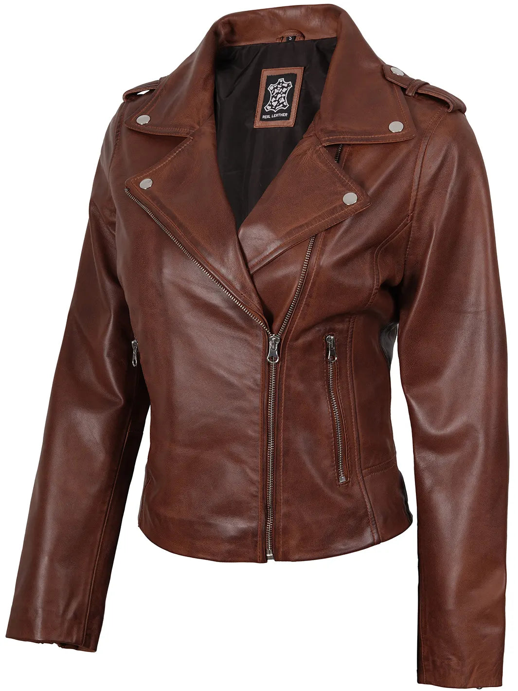 Women Asymmetrical Cognac Wax Motorcycle Leather Jacket