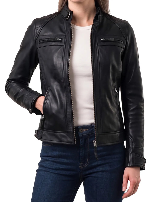 Women's black quilted biker style real leather jacket