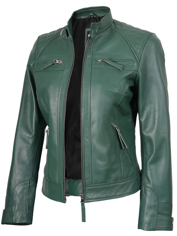Women Green Diamond Cafe Racer Real Leather Jacket