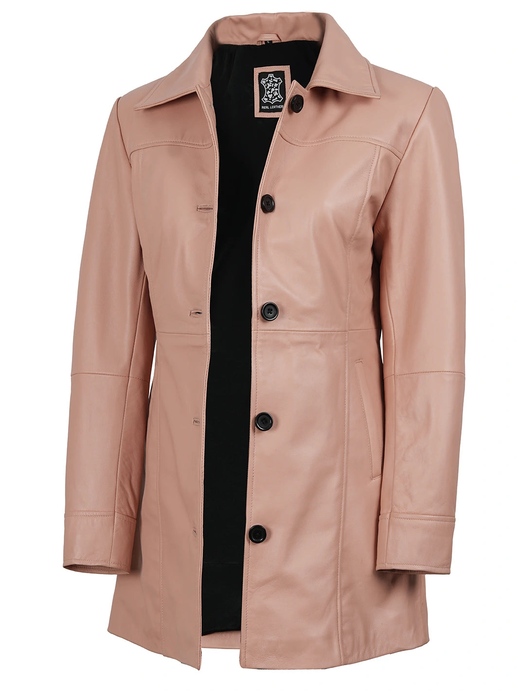 Women Pink Real Leather Car Coat