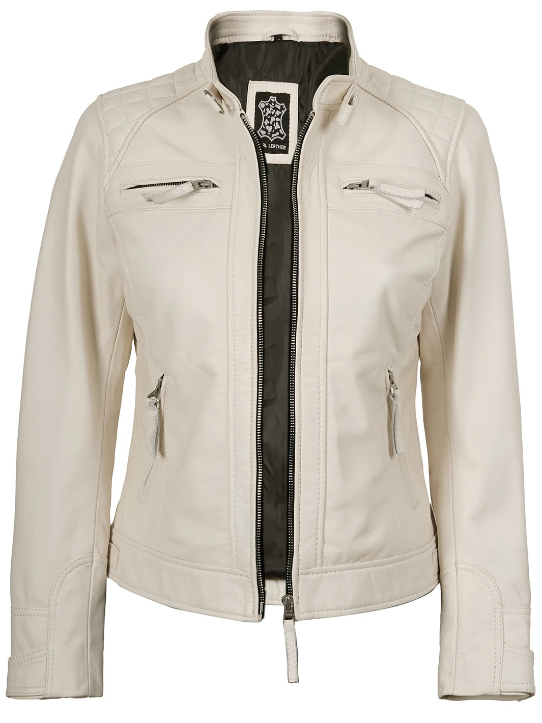 Women Quilted Off White Cafe Racer Leather Jacket
