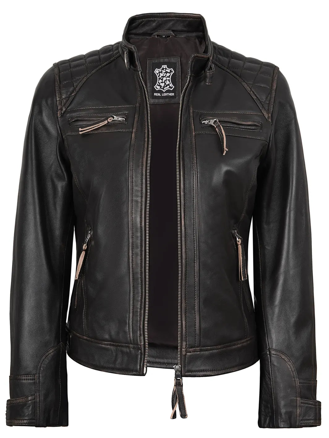 Women Rub Off Brown Real Leather Jacket