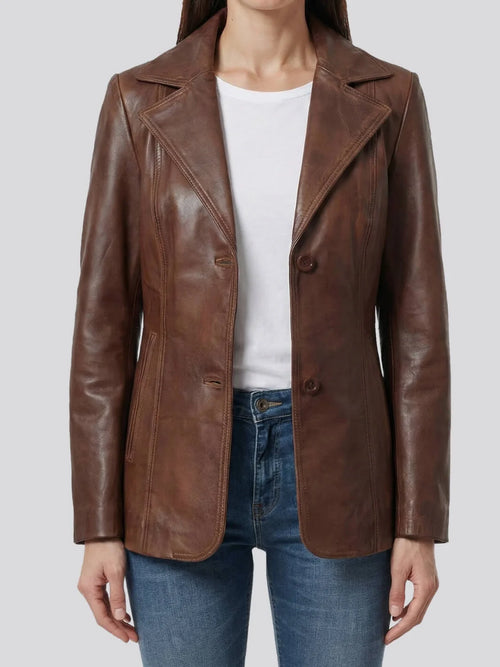 Brown leather jacket worn by a person on a white background