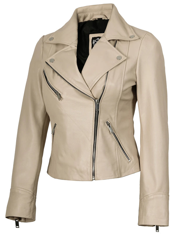 Women's Beige Asymmetrical Biker Real Leather Jacket