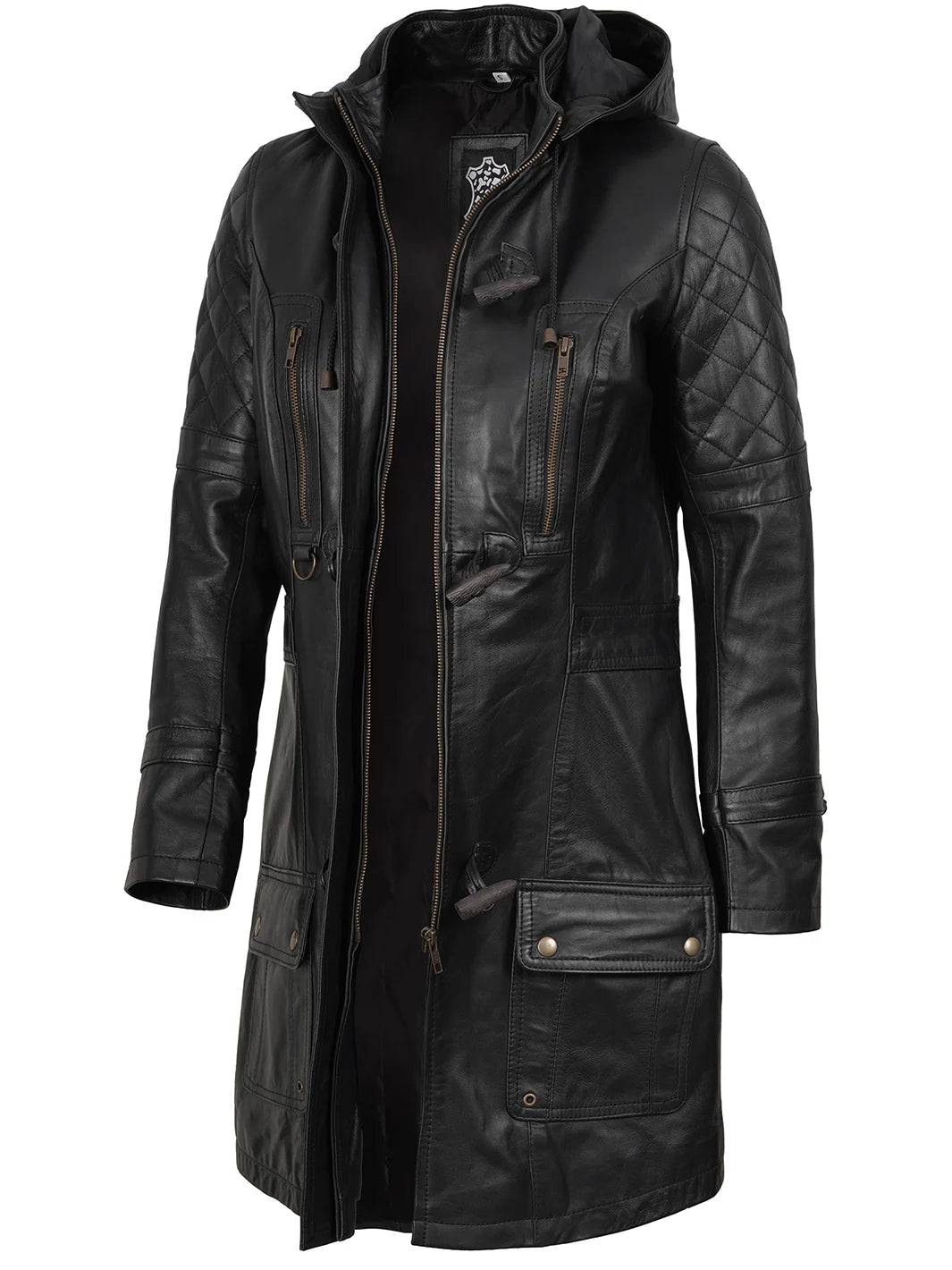 Women’s Black 3 4 Length Leather Coat With Hood