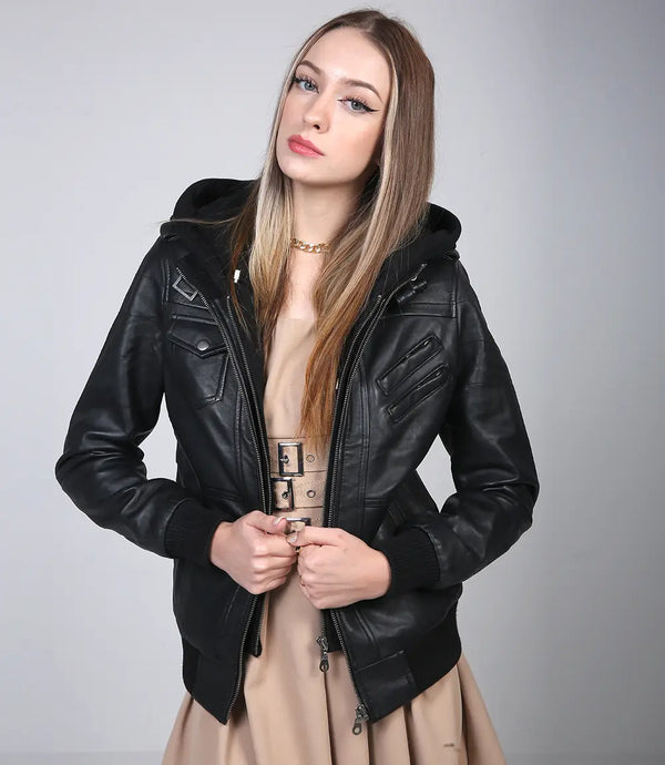 Women's Black Bomber Leather Jacket