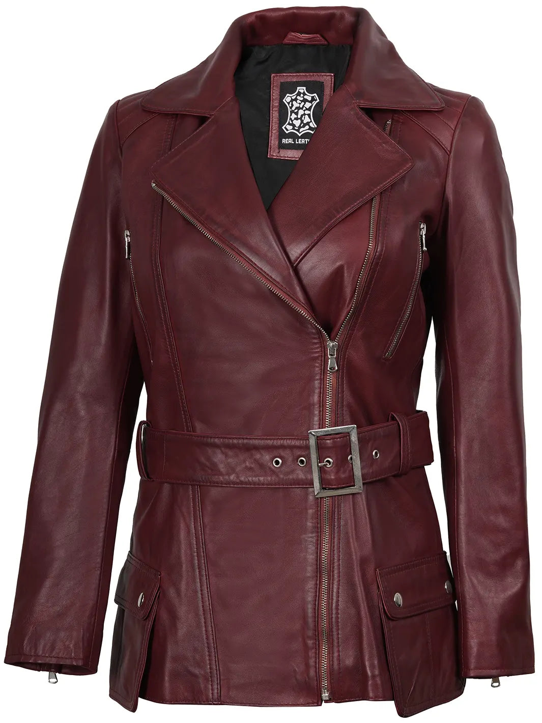 Women's Burgundy Asymmetrical Biker Real Leather Jacket