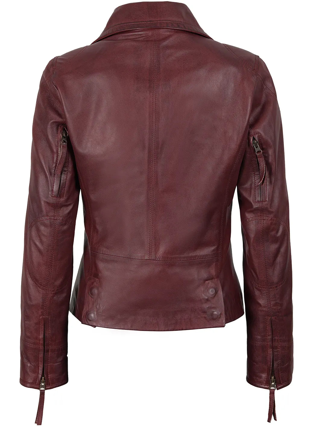 Women's Burgundy Asymmetrical Leather Moto Jacket