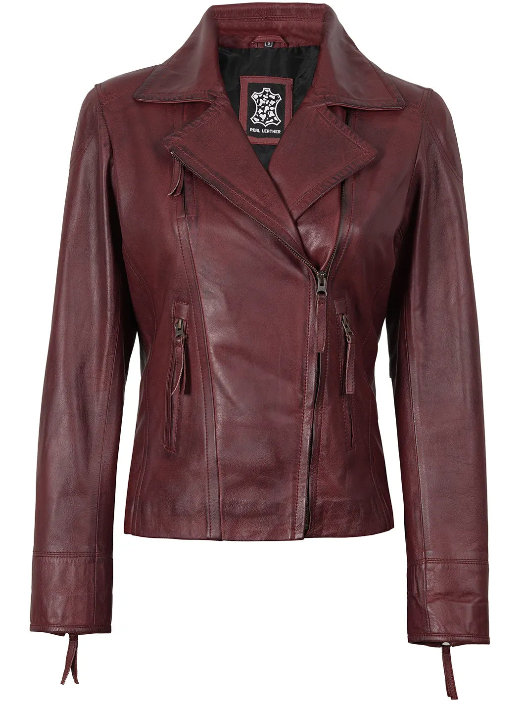 Women's Burgundy Asymmetrical Leather Moto Jackets