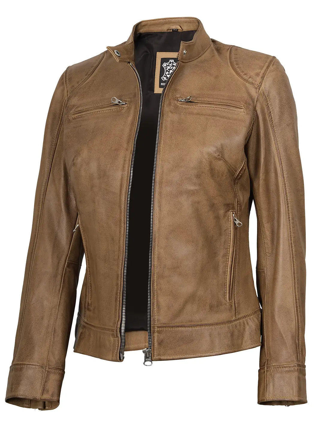 Women's Dodge Camel Brown Cafe Racer Leather Jacket
