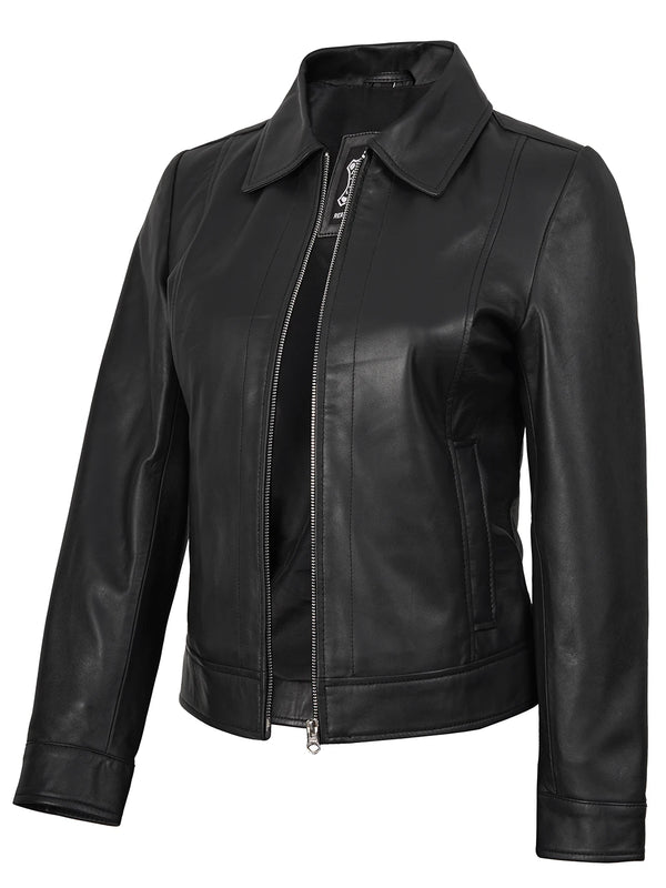 Women's Black Harrington Real Leather Jacket