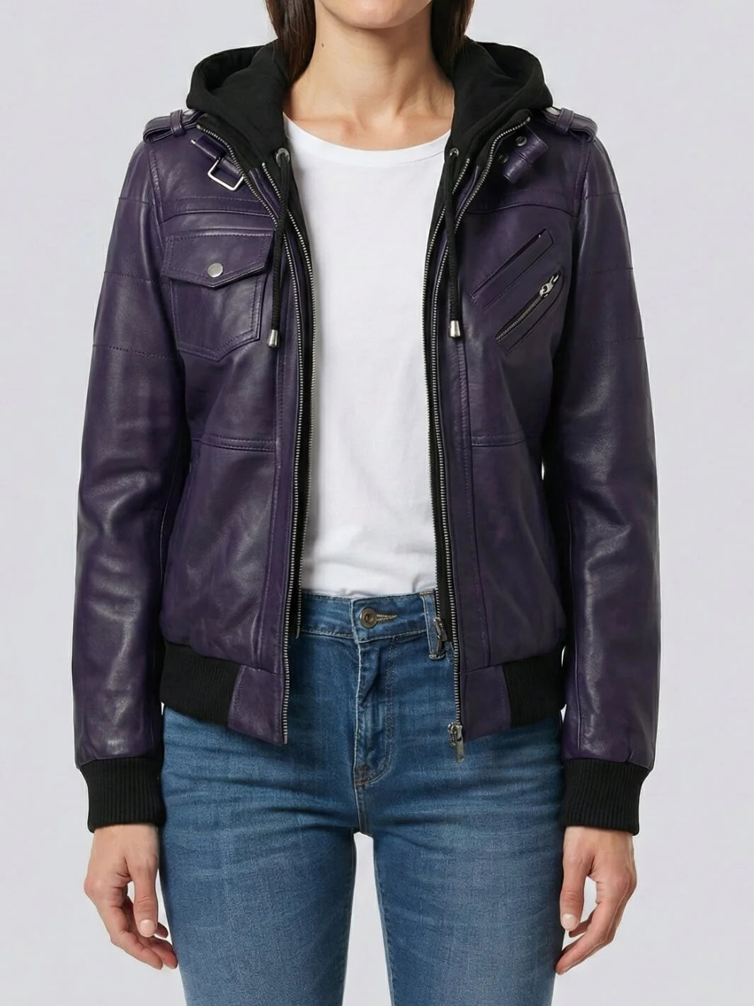Women's Purple Leather Jacket with Removable Hood