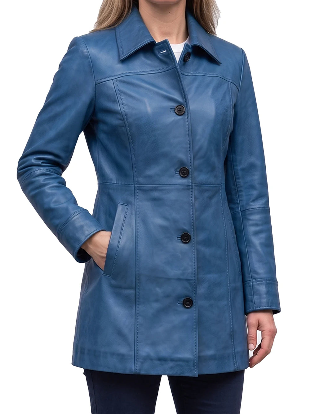 Women's Vivid Blue 3/4 Length Lambskin Leather Car Coat - Front