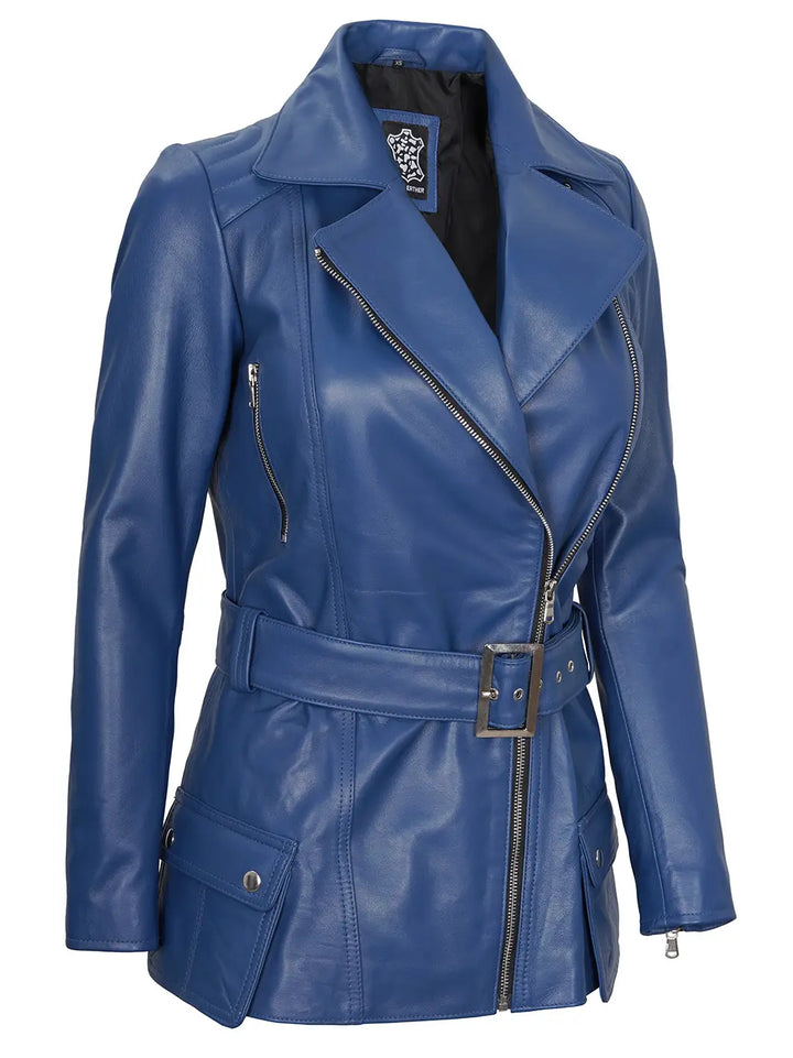 Women blue biker leather jacket