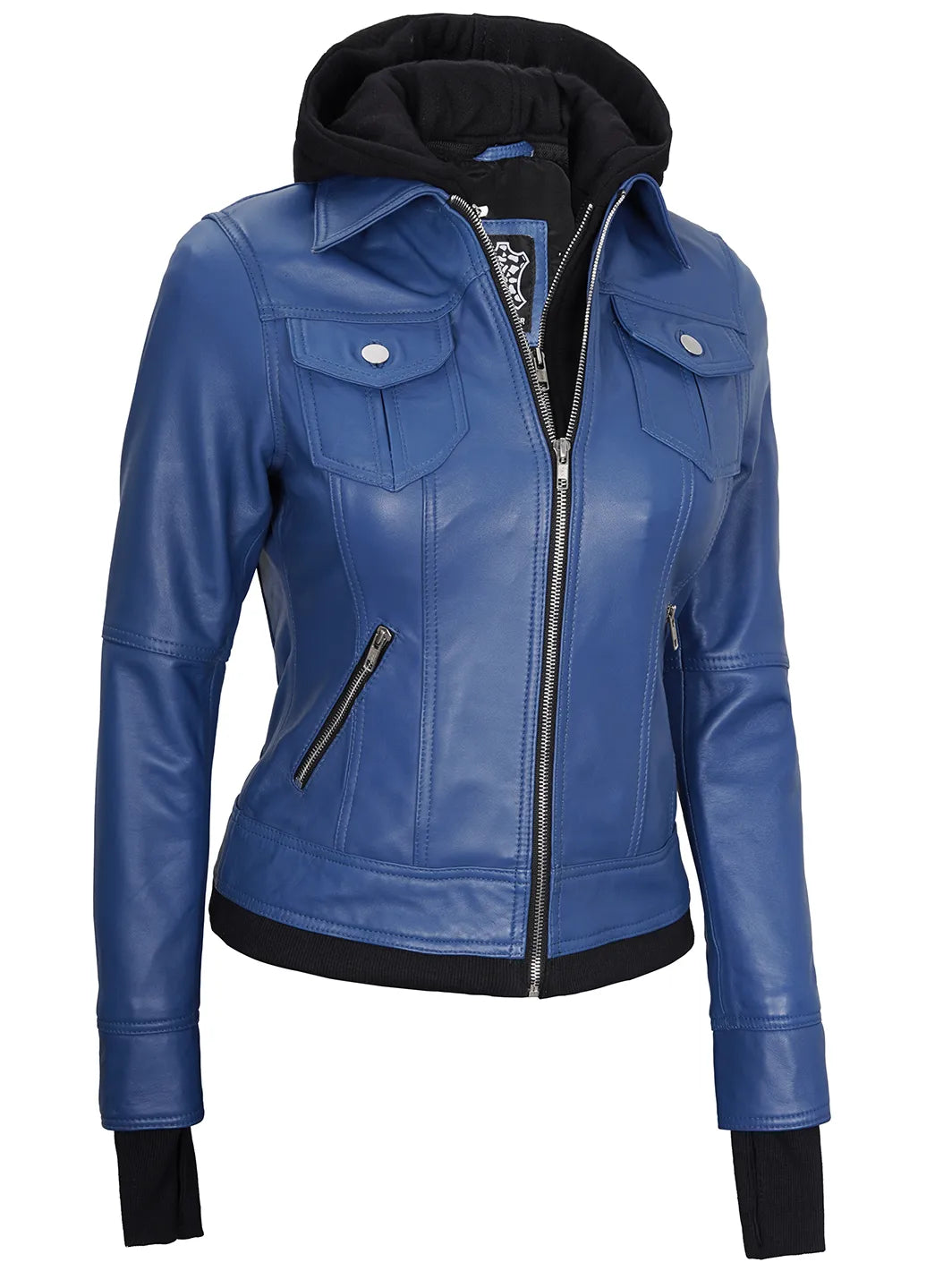 Betty Blue Leather Bomber Jacket With Removable Hood Decrum