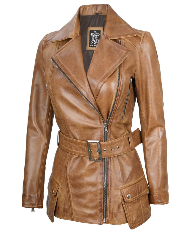 Women camel leather biker jacket