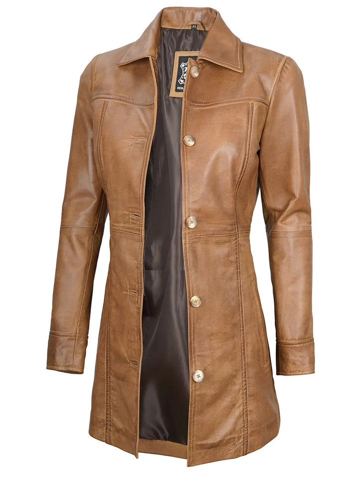 Women camel leather car coat