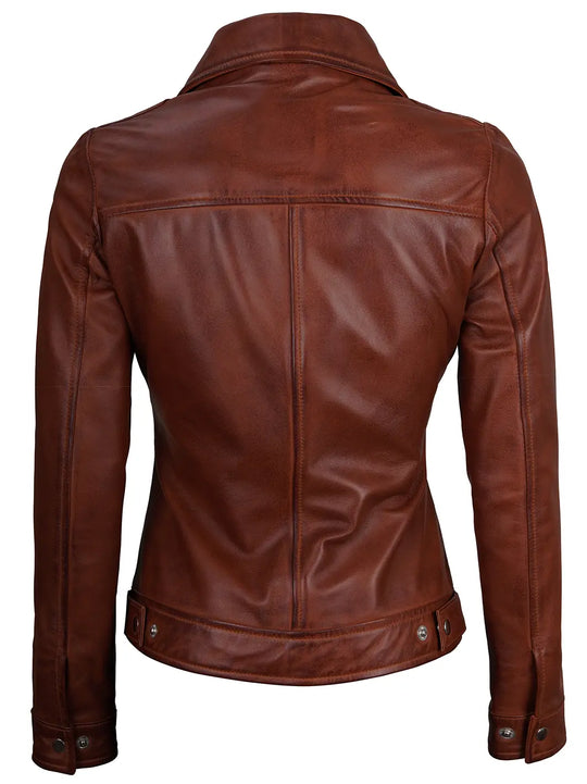 Women cognac wax leather jacket