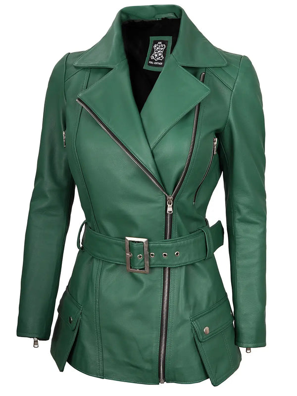 Women green biker leather jacket