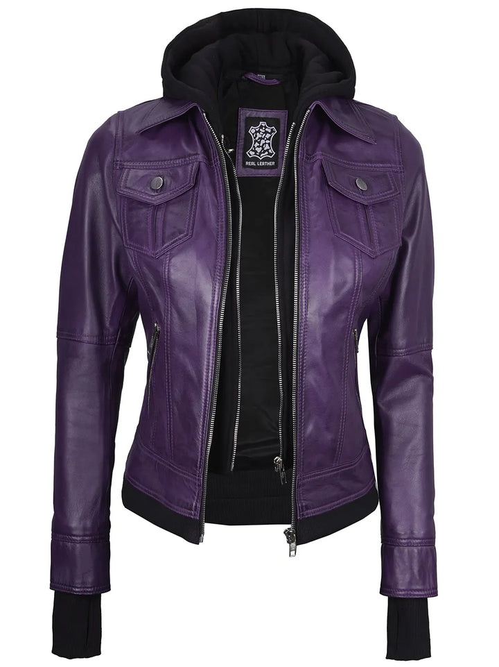 Women hooded leather jacket