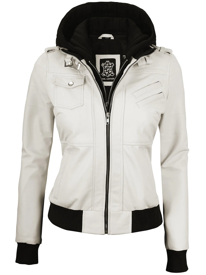 Women hooded leather jacket