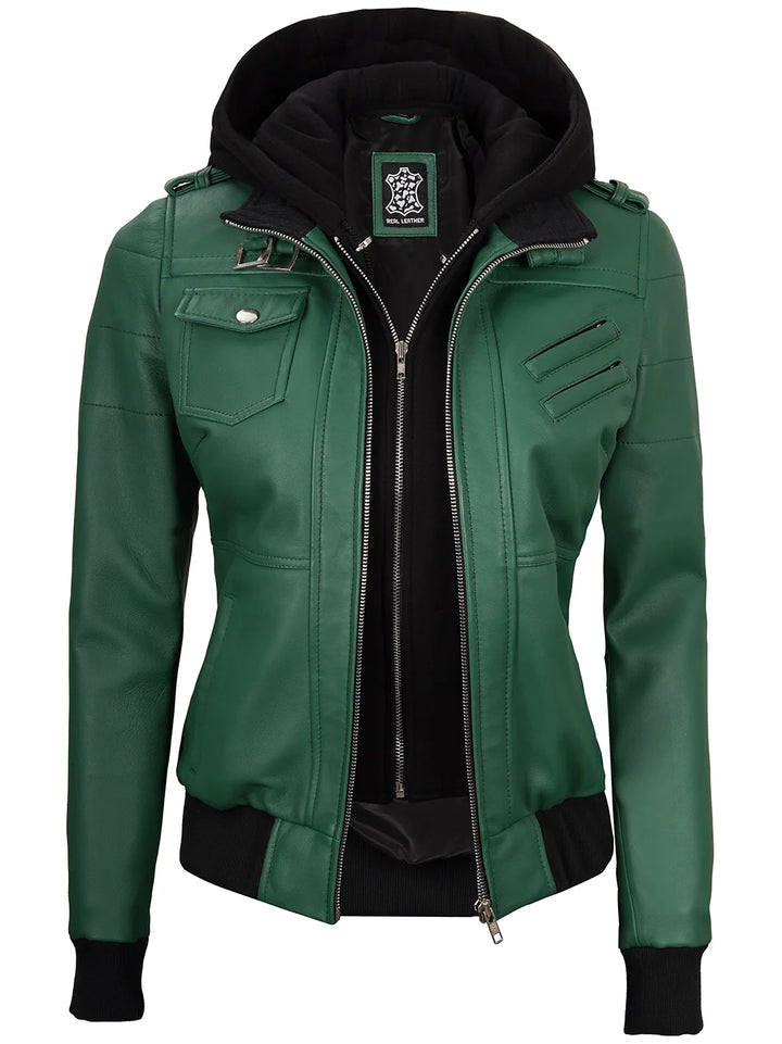 Women maroon hooded leather jacket