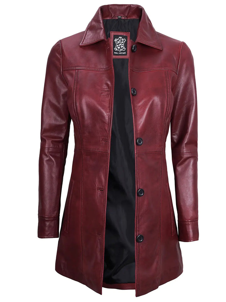 Women maroon leather car coat