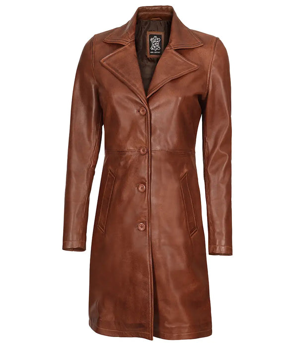 Bryson Women's Cognac Brown Leather 3/4 Length Coat Decrum