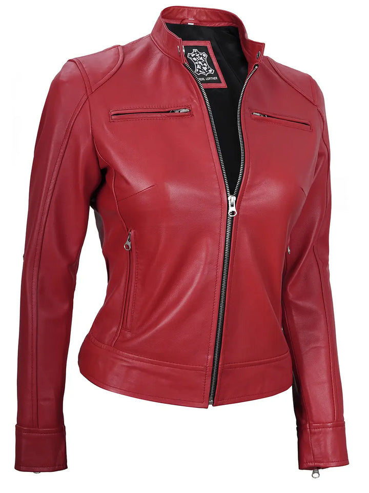 Women red cafe racer leather jacket