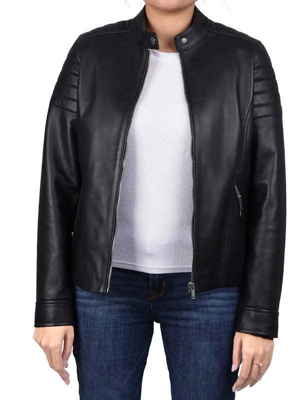 Women relax fit leather jacket