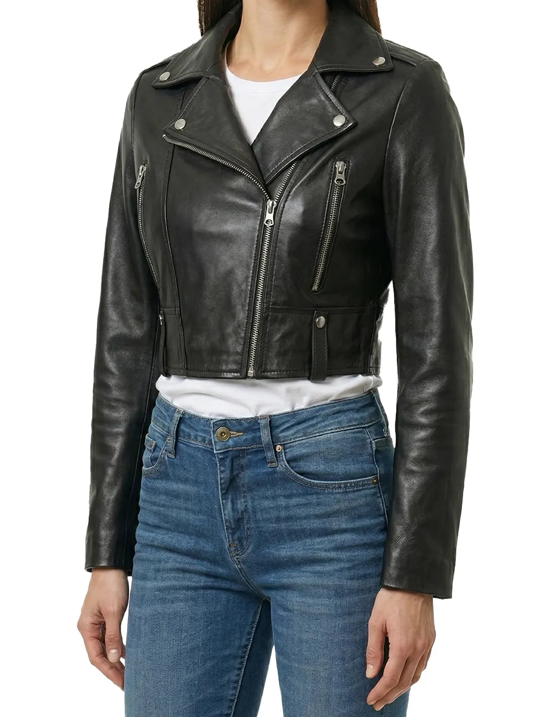 Womens Black Biker Leather Jacket – Cropped Style Jacket – Decrum