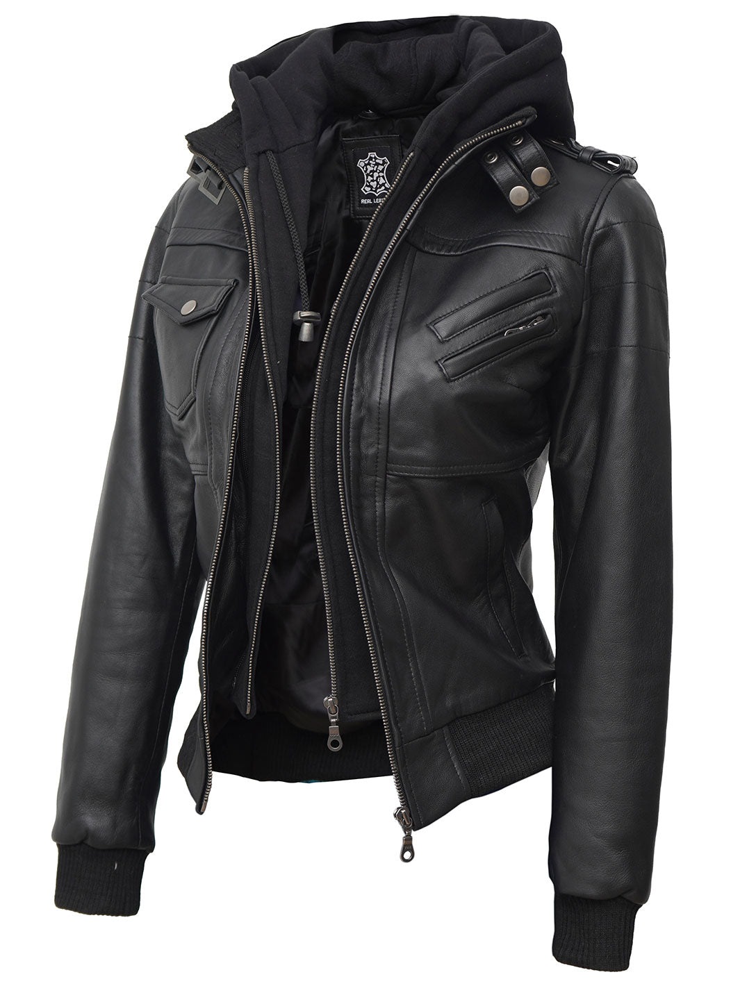 Ladies leather hooded jacket store