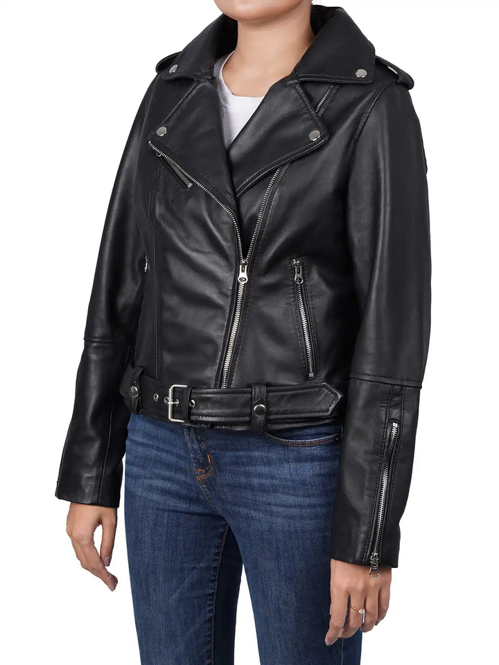 Womens black biker leather jacket