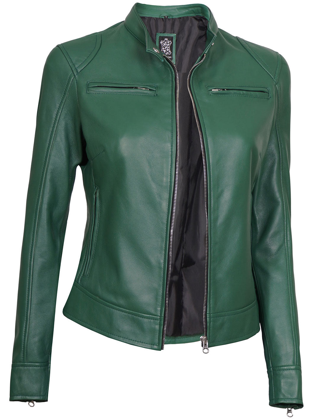 Dodge Women Motorcycle Green Leather Jacket decrumnew