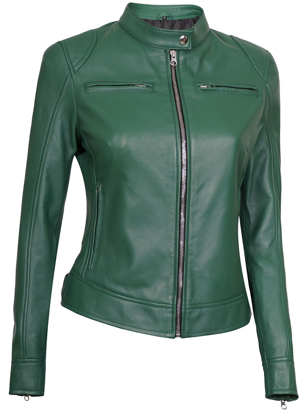 Dodge Women Motorcycle Green Leather Jacket decrumnew