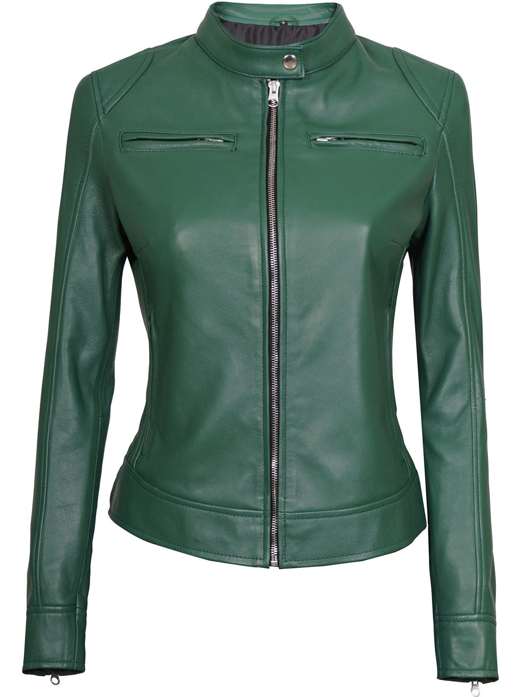 Dodge Women Motorcycle Green Leather Jacket decrumnew