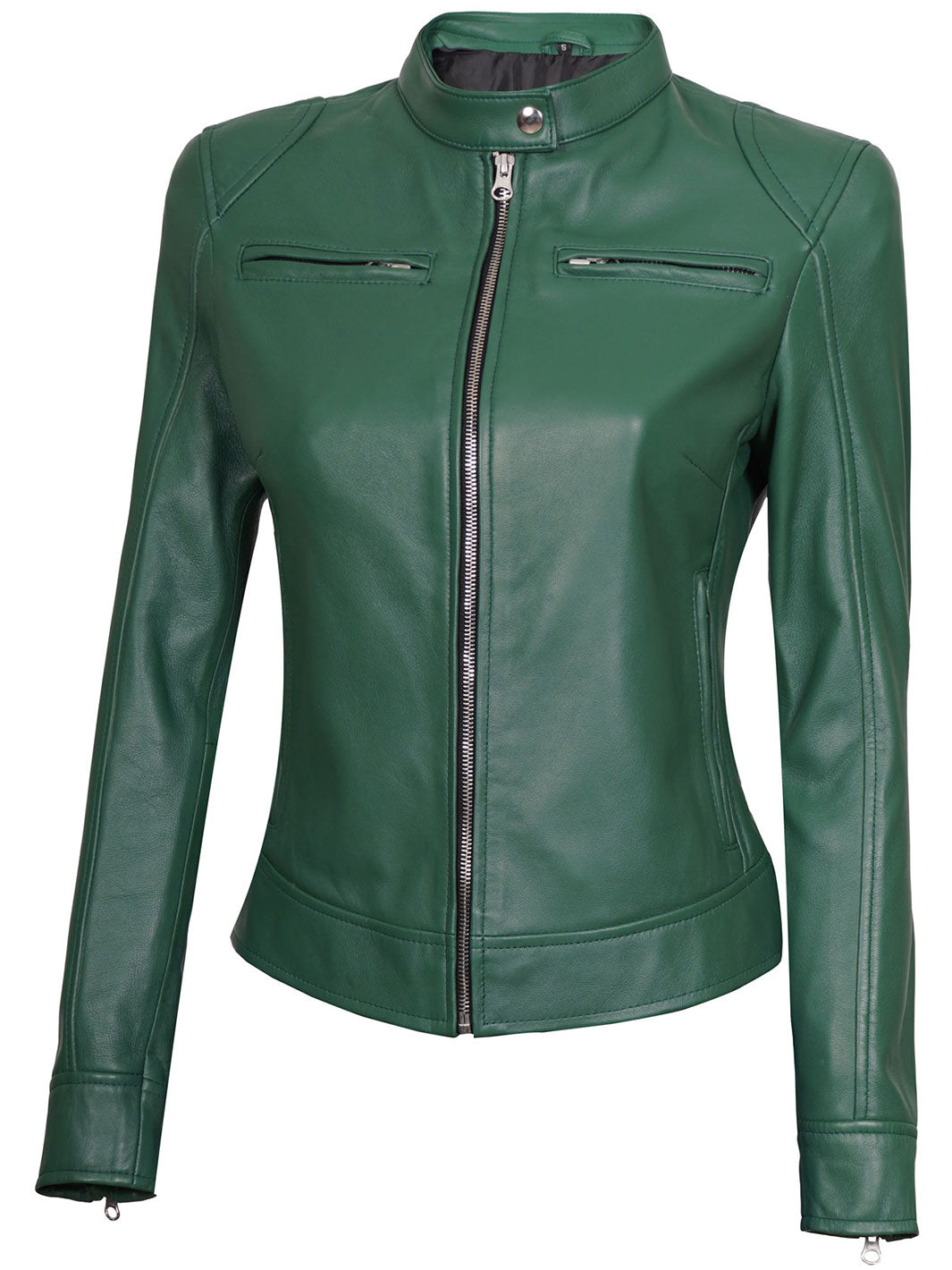 Dodge Women Motorcycle Green Leather Jacket decrumnew