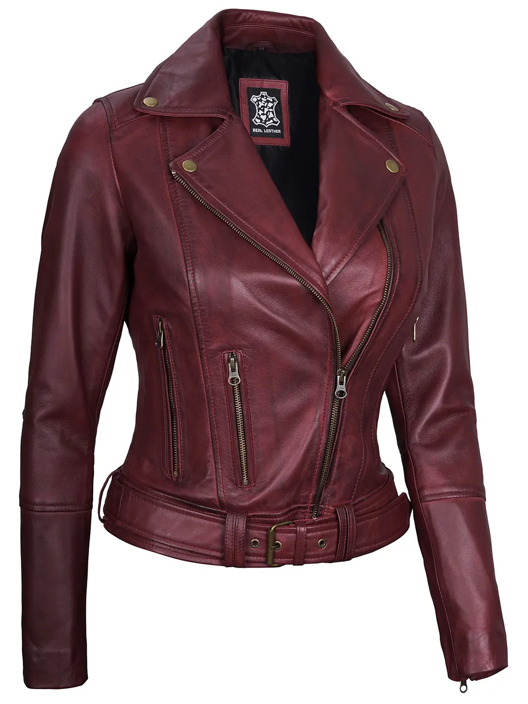 Womens Maroon Asymmetrical Motorcycle Leather Jacket