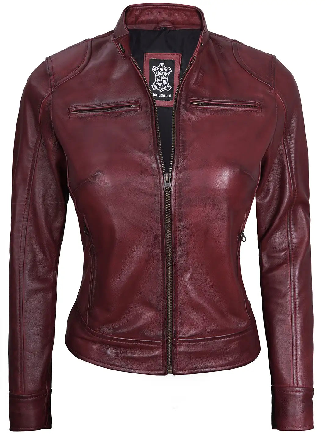Womens Maroon Cafe Racer Leather Jacket