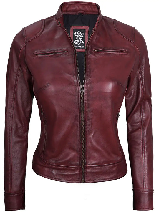 Womens Maroon Cafe Racer Leather Jacket