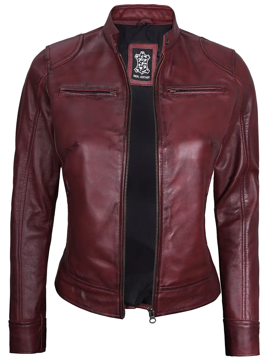 Womens Maroon Racer Leather Jacket