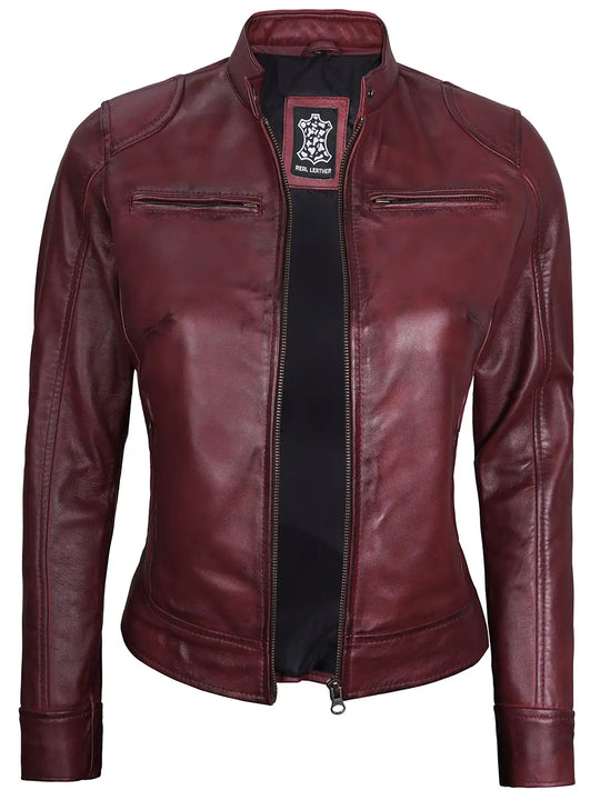Womens Maroon Racer Leather Jacket