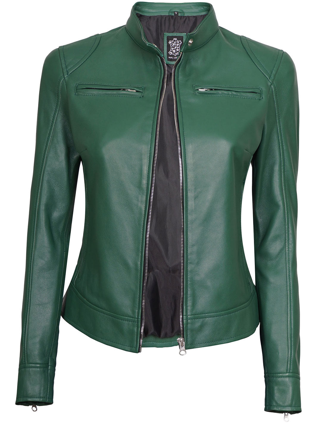 Dodge Women Motorcycle Green Leather Jacket decrumnew