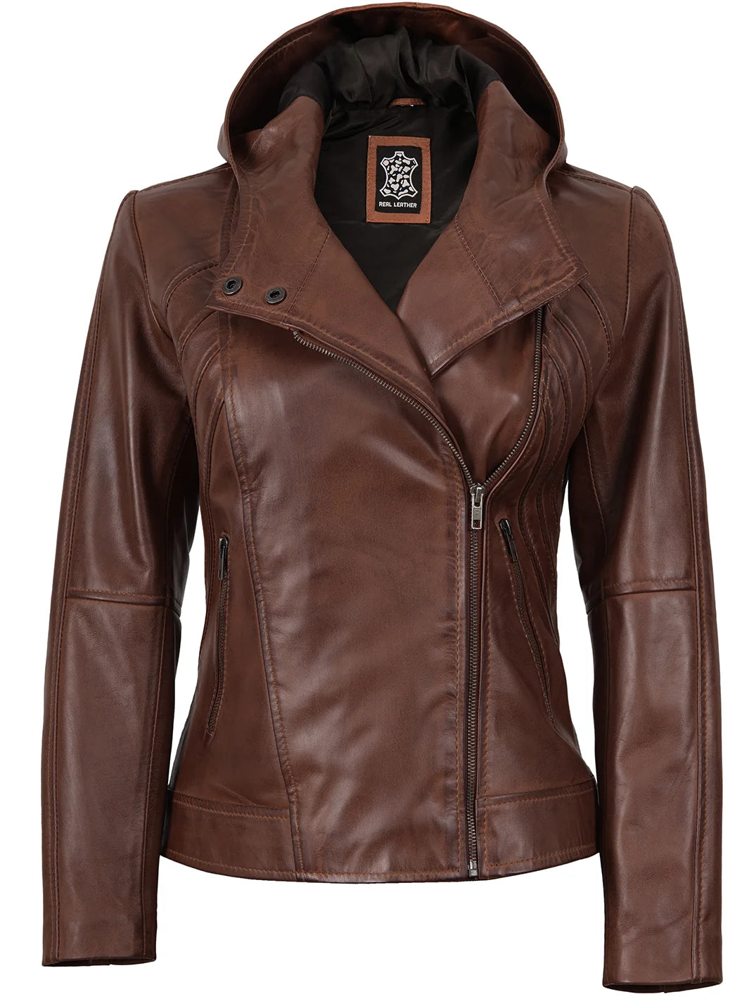 Womens Asymmetrical Brown Leather Jacket with Hood