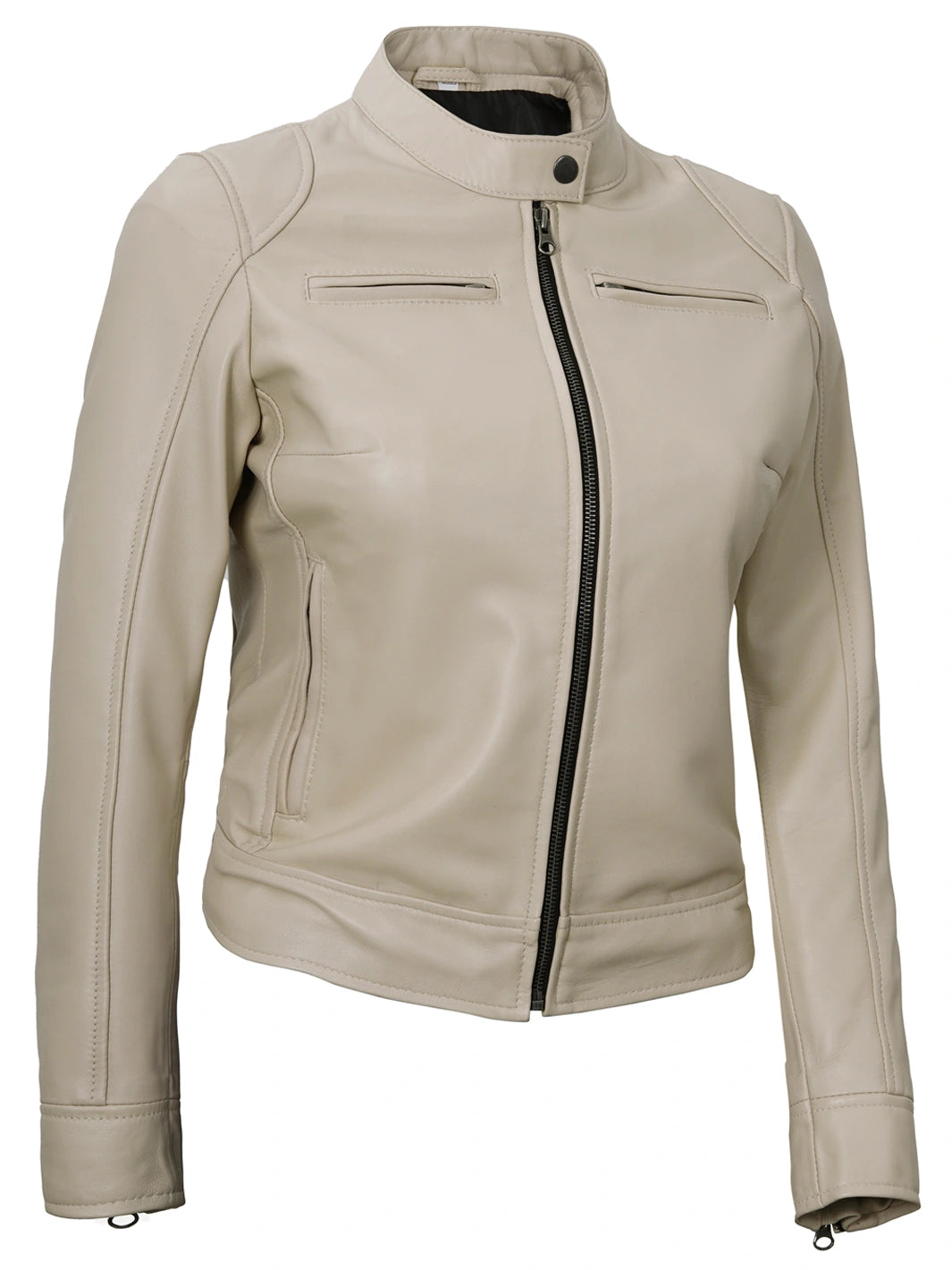 Beige Leather Cafe Racer Leather Jacket for Women – Decrum Beige Leather Cafe Racer Leather Jacket for Women – Decrum